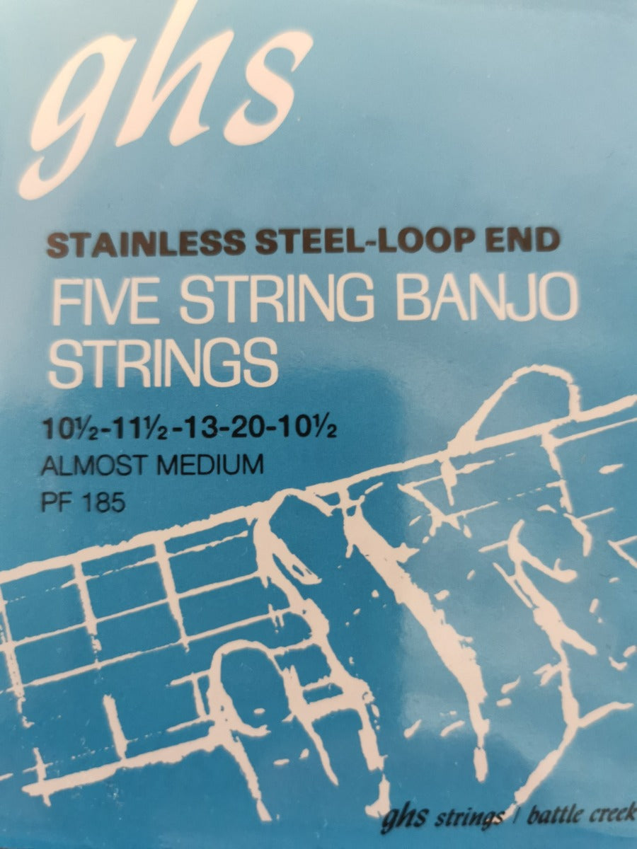 GHS PF185 5 STR BANJO. ALMOST MED. L10 1/2-LW20JD. Strengesett til Banjo.