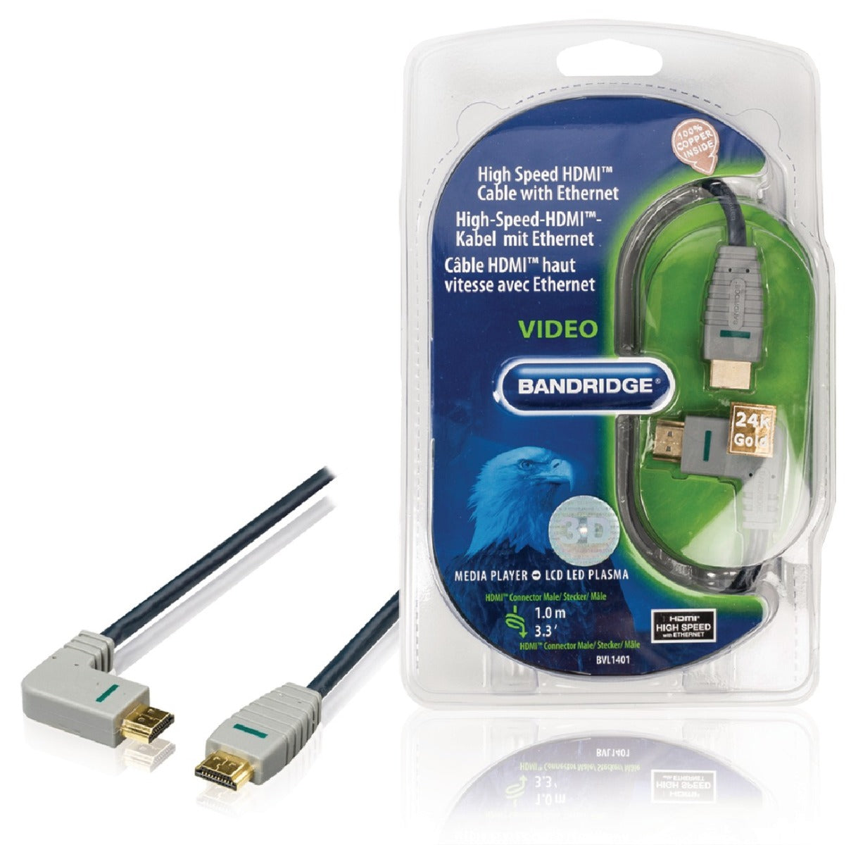 HDMI-kabel med Ethernet HDMI-kontakt - HDMI-kontakt (venstrevinklet) 1.0m