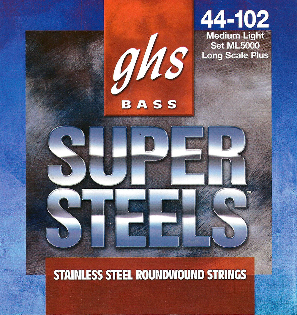 GHS ML5000 BASS. SUPER STEELS. LONG+. MEDIUM LIGHT. STB44 STB63-STB102. Strengesett til elektrisk bass.